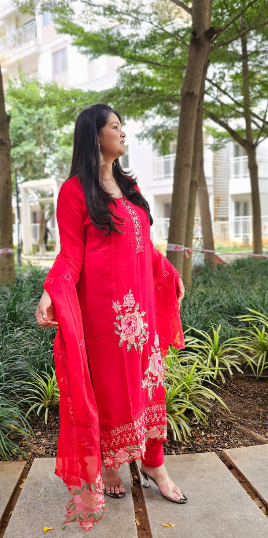 "LAALI" Red Embroidery & Pearl Work festive suit