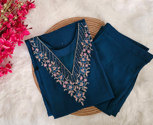 "MANINI" Blue Cotton Embroidery Festive Suit