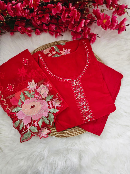 "LAALI" Red Embroidery & Pearl Work festive suit